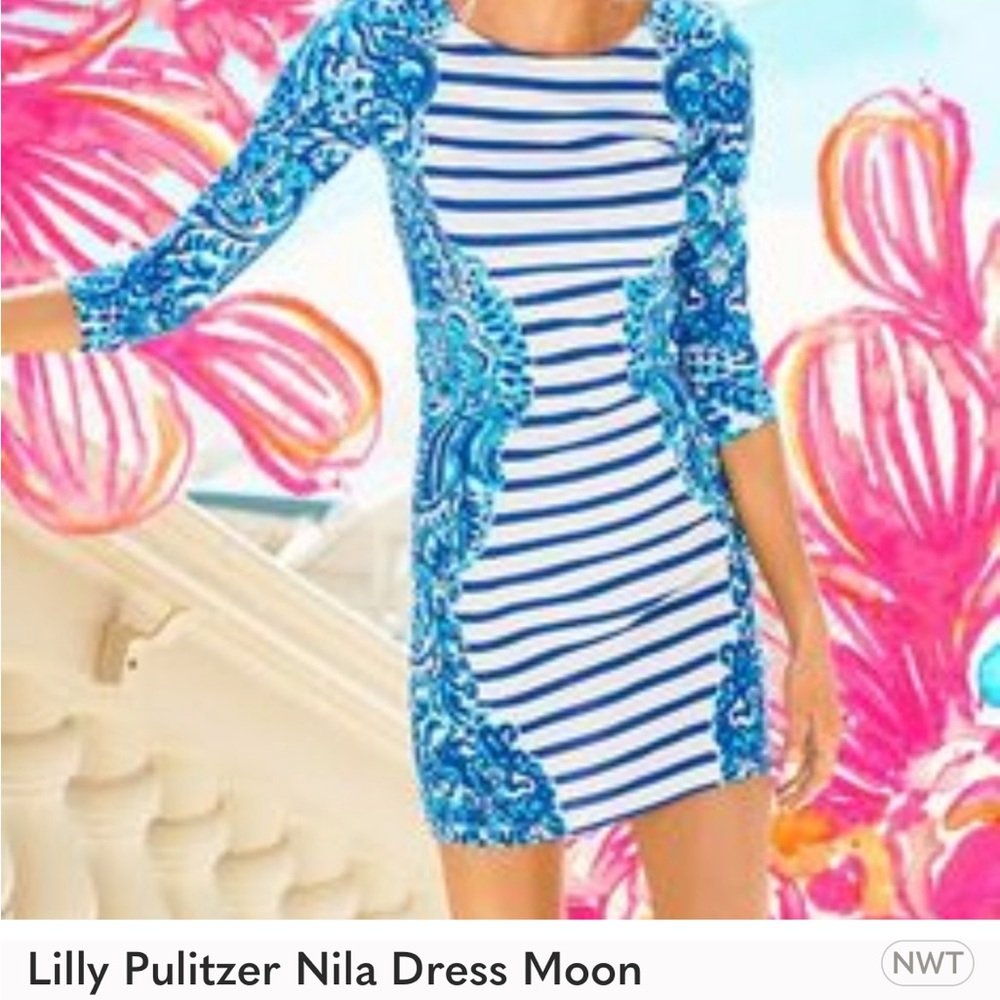 Lilly Pulitzer Nila Blue White Moon Jellies Stripe Dress XL
